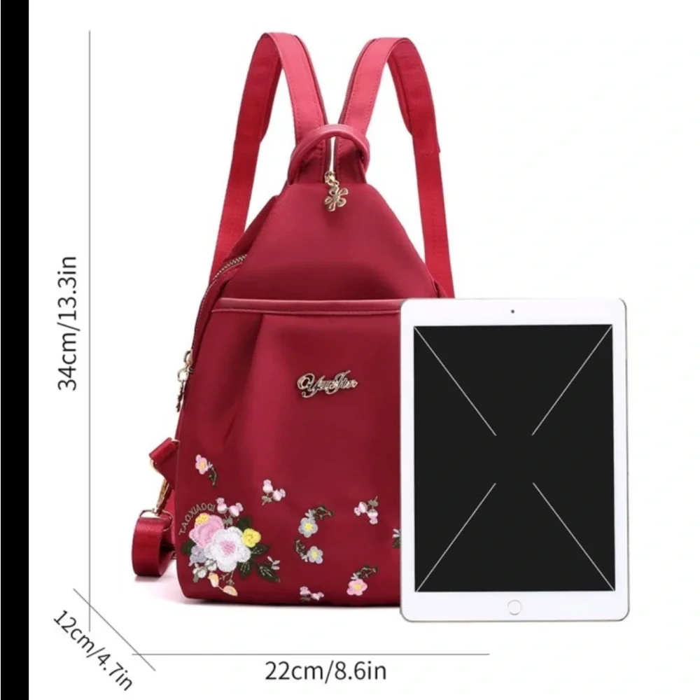 9. Yuejin Backpack in Red with Embroidered Flowers